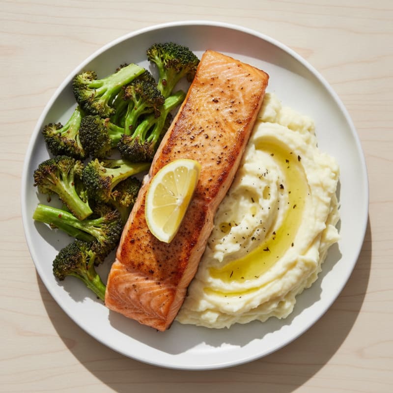 Seared Salmon with Roasted Broccoli and Garlic Mashed Potatoes
