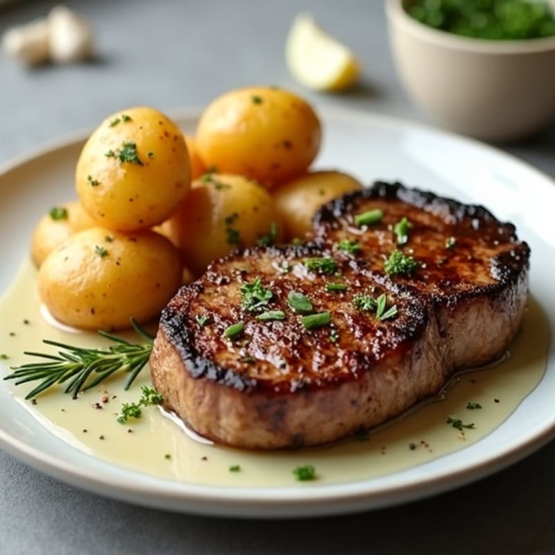Garlic Herb Pan-Seared Steak with Crispy Roasted Potatoes