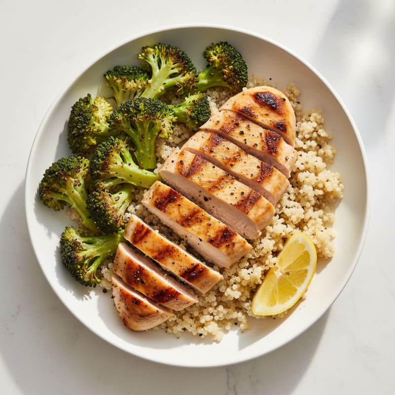 Grilled Chicken and Quinoa Bowl with Roasted Broccoli