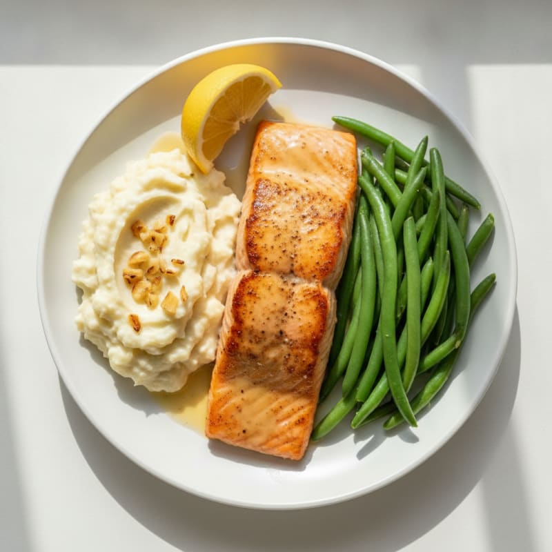 Seared Salmon with Steamed Green Beans and Garlic Mashed Cauliflower