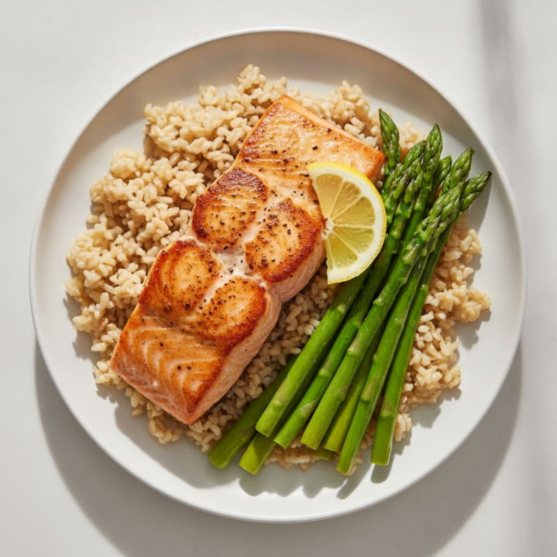 Seared Salmon with Steamed Asparagus and Brown Rice