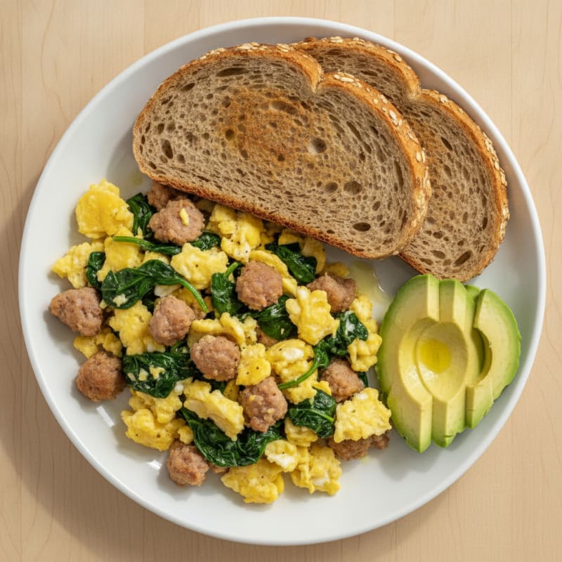 Scrambled Eggs with Turkey Sausage and Spinach