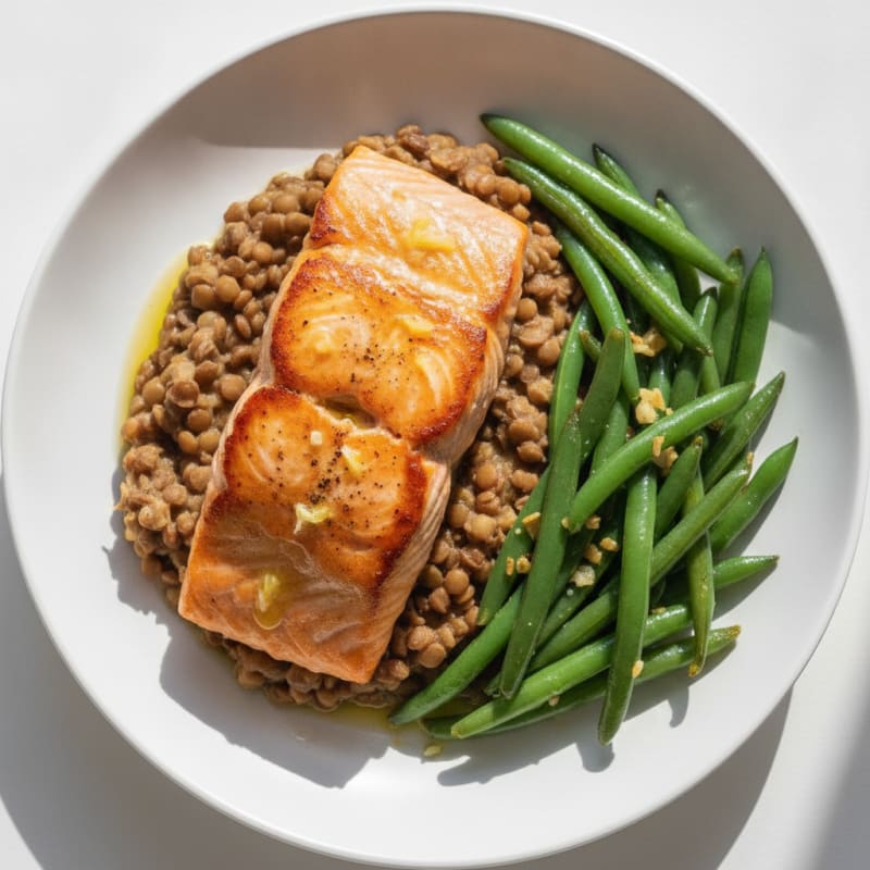 Seared Salmon Fillet with Garlic Green Beans and Lentil Mash