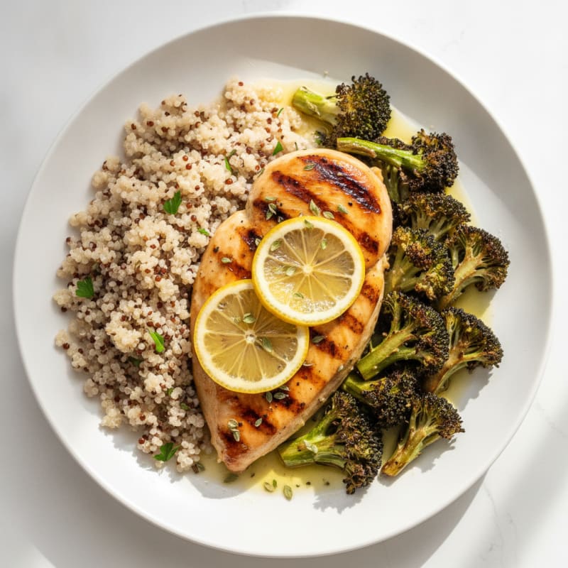Grilled Lemon Herb Chicken Breast with Quinoa and Roasted Broccoli