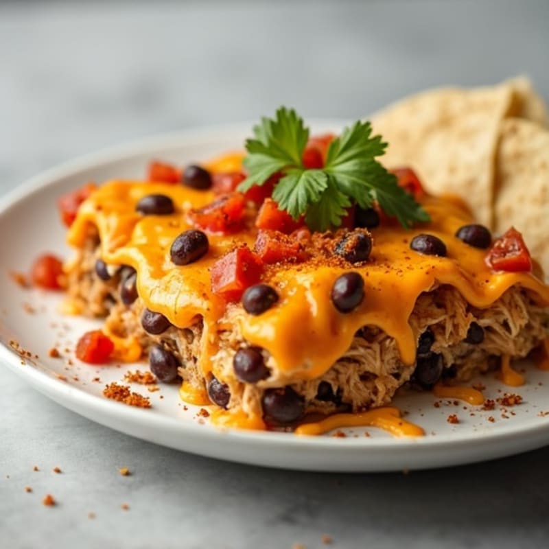 Spicy Shredded Chicken and Black Bean Tortilla Bake