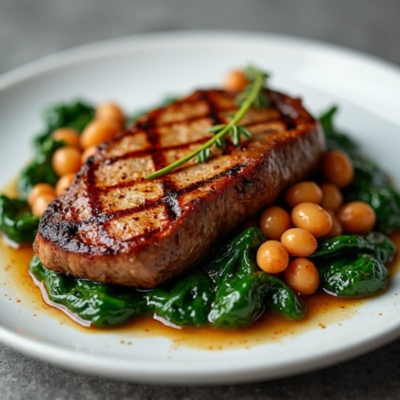 Seared Steak with Smoky Pinto Beans and Sautéed Spinach