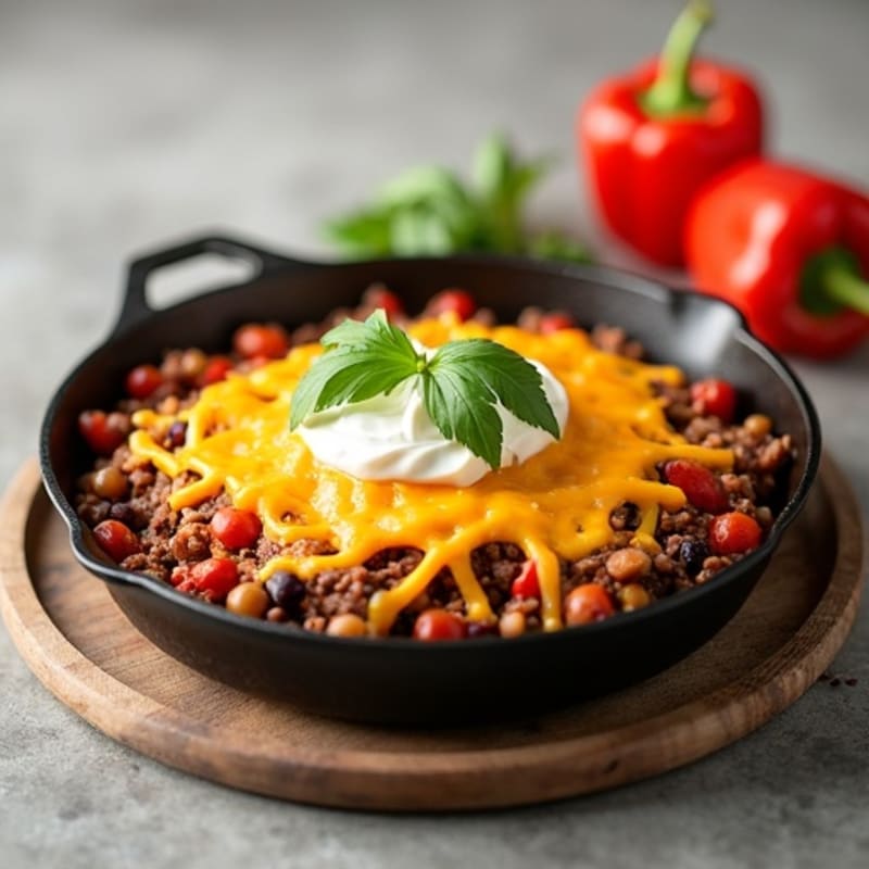 Cheesy Lean Ground Beef and Black Bean Skillet with Creamy Enchilada Sauce
