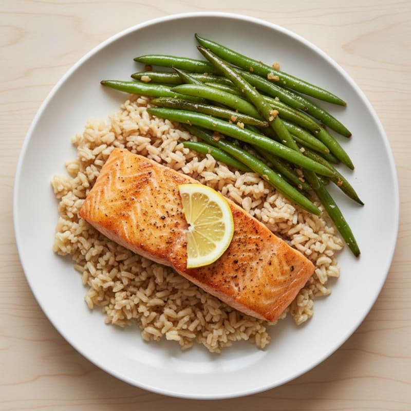 Seared Salmon Fillet with Garlic Green Beans and Brown Rice Pilaf