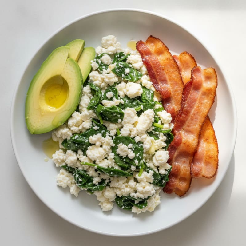 Cottage Cheese Egg White Scramble with Spinach and Turkey Bacon