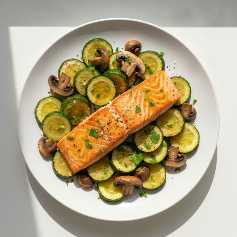 Pan-Seared Salmon with Roasted Zucchini and Mushrooms