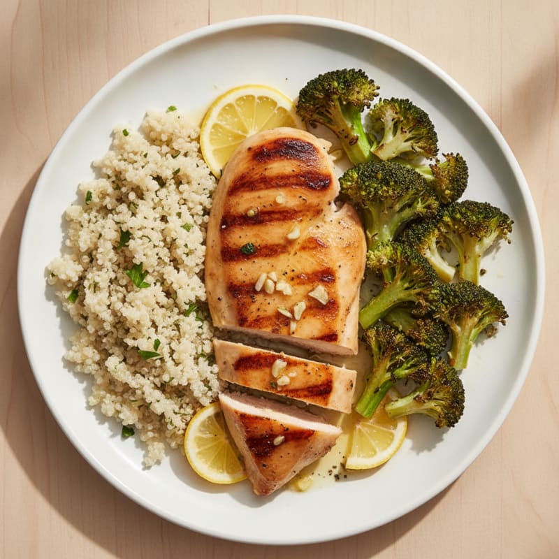 Grilled Lemon-Garlic Chicken Breast with Quinoa and Roasted Broccoli