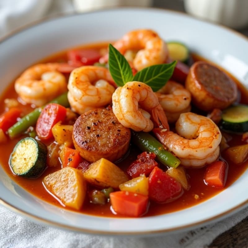 Hearty Spicy Chicken, Shrimp, and Sausage Vegetable Stew