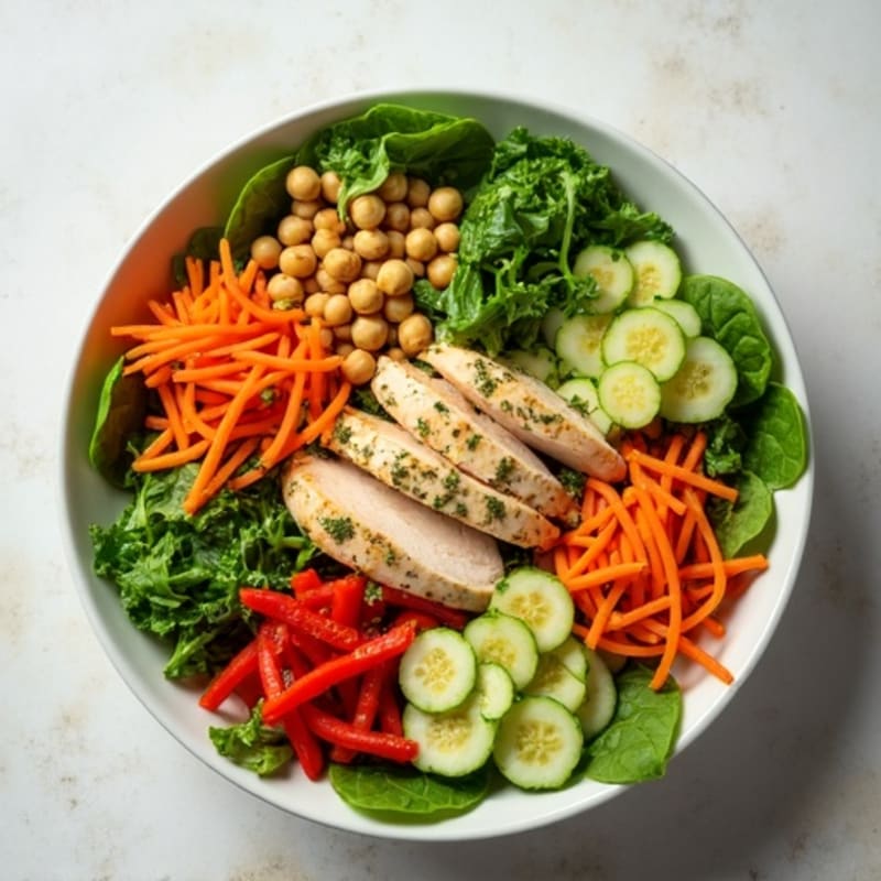 Lemon Herb Chicken Salad Bowl with Crisp Vegetables and Chickpeas