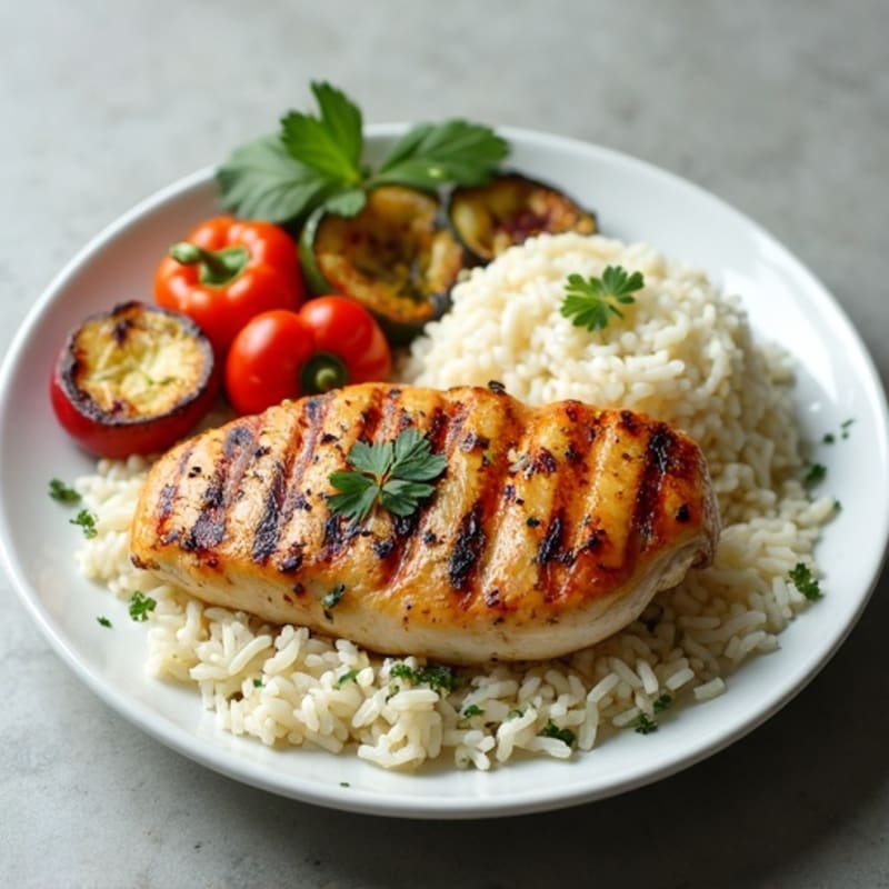 Grilled Chicken Breast with Herbed Rice and Roasted Vegetables