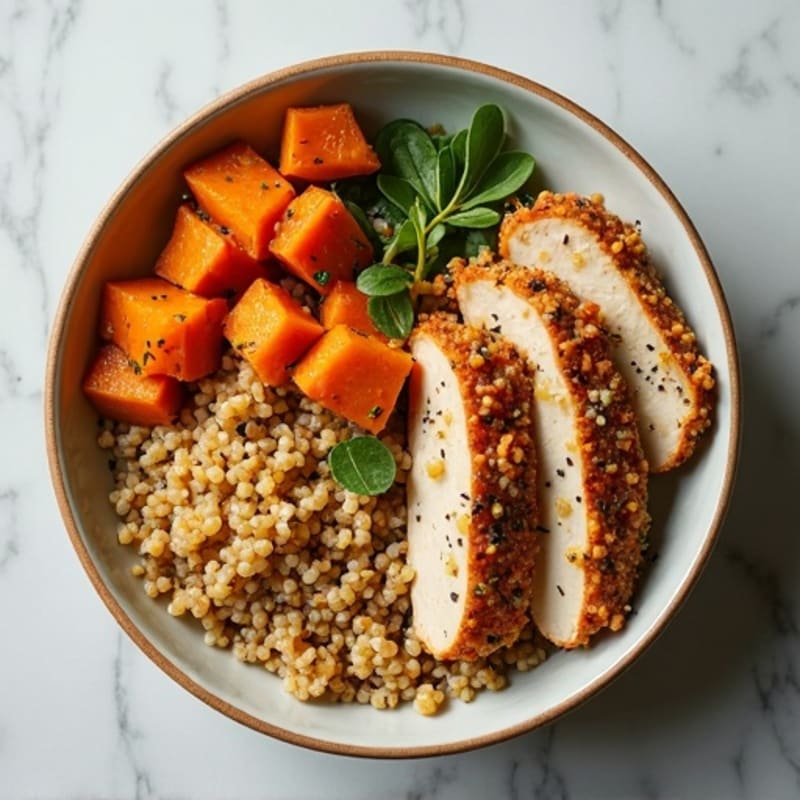 Crispy Chicken and Quinoa Power Bowl with Roasted Sweet Potatoes and Creamy Tahini Dressing