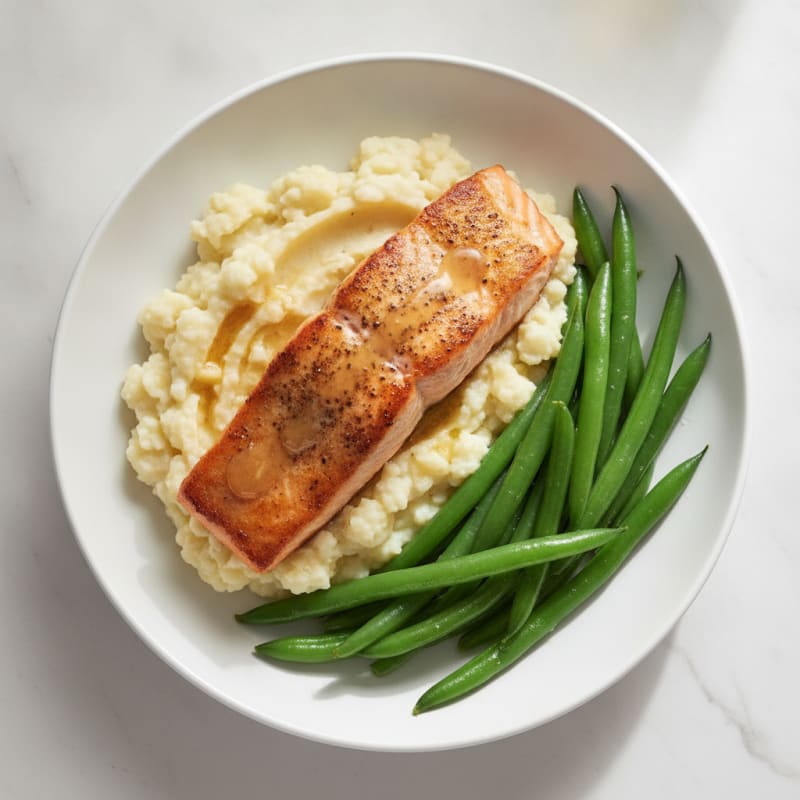 Seared Salmon with Steamed Green Beans and Garlic Mashed Cauliflower