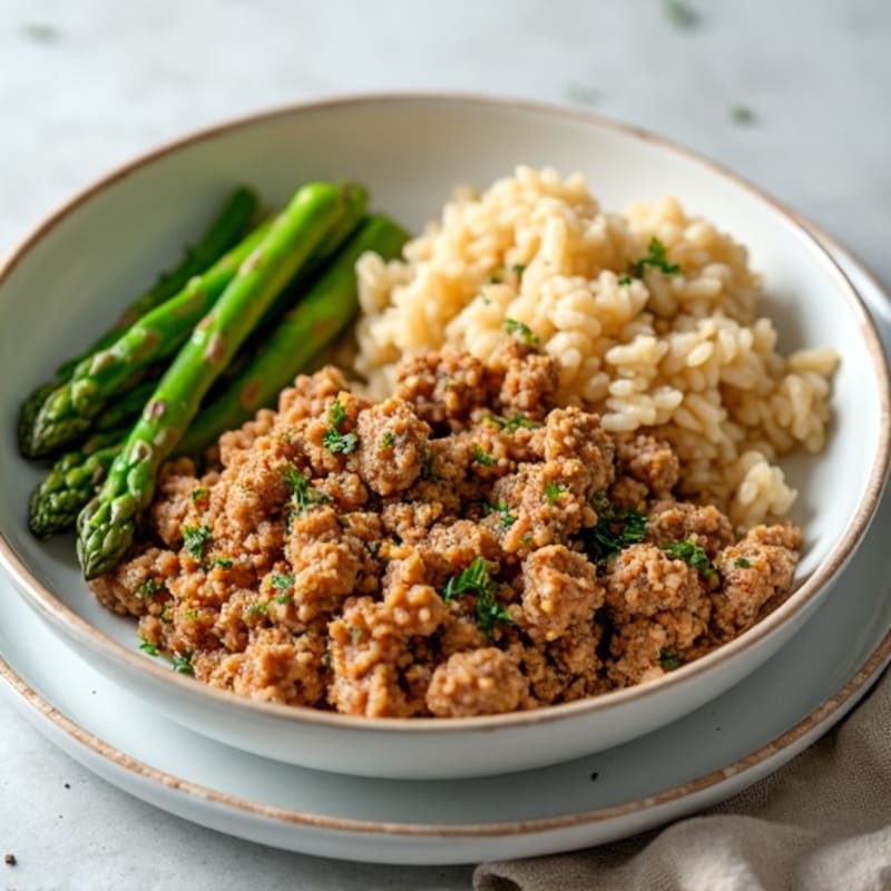 Herb-Seasoned Ground Turkey with Roasted Asparagus and Brown Rice
