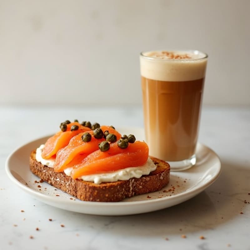 Smoked Salmon Toast with Crispy Capers and Iced Cinnamon Oat Latte
