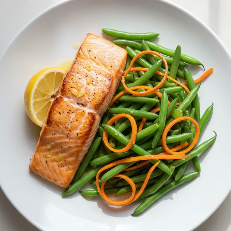 Seared Salmon with Steamed Green Beans and Carrot Ribbons