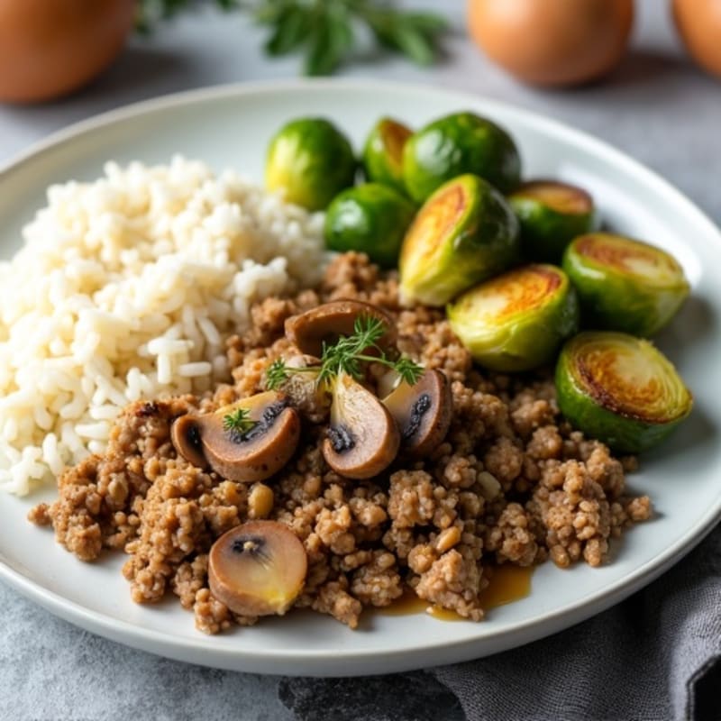 Savory Ground Turkey and Mushroom Skillet with Roasted Brussels Sprouts and White Rice
