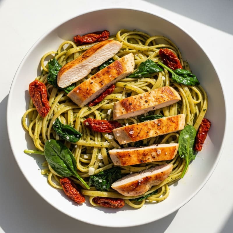 Pesto Chicken Linguine with Sun-Dried Tomatoes