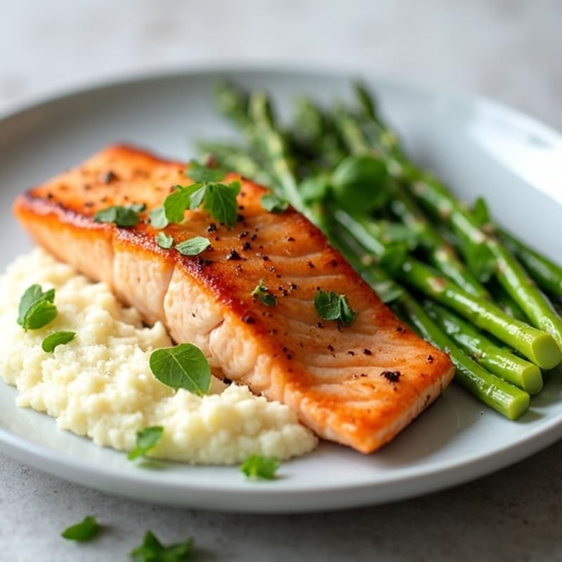 Seared Salmon Filet with Steamed Asparagus and Cauliflower Mash