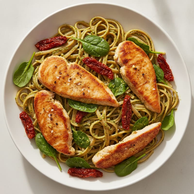 Pesto Chicken Linguine with Sun-Dried Tomatoes