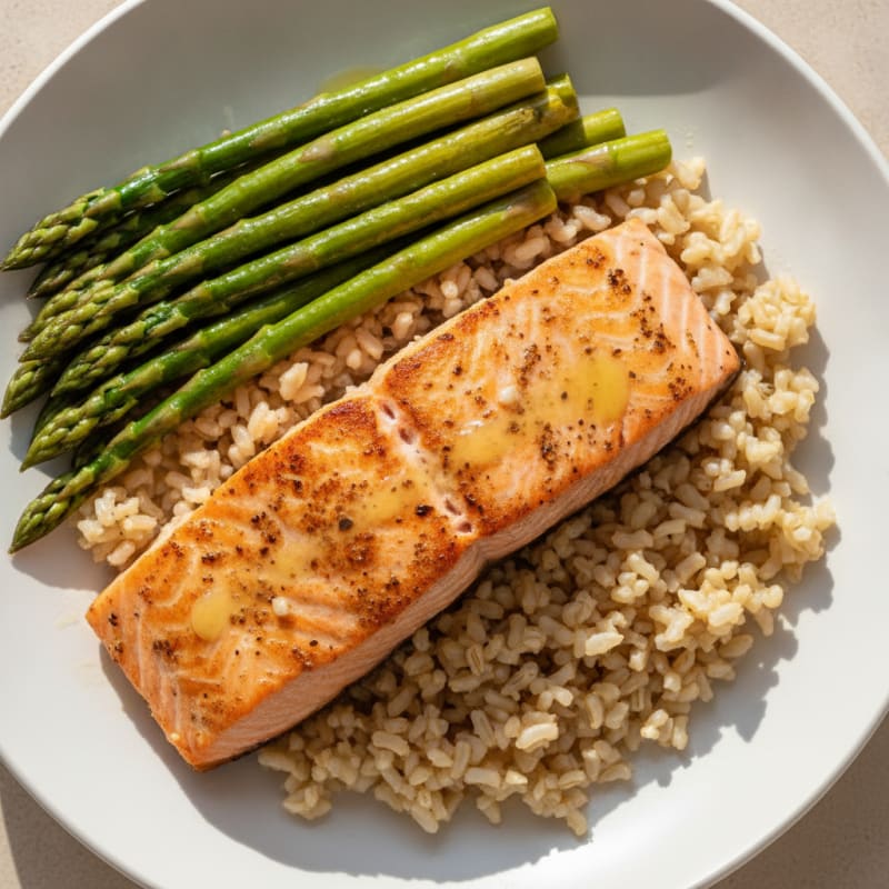 Seared Salmon with Steamed Asparagus and Brown Rice