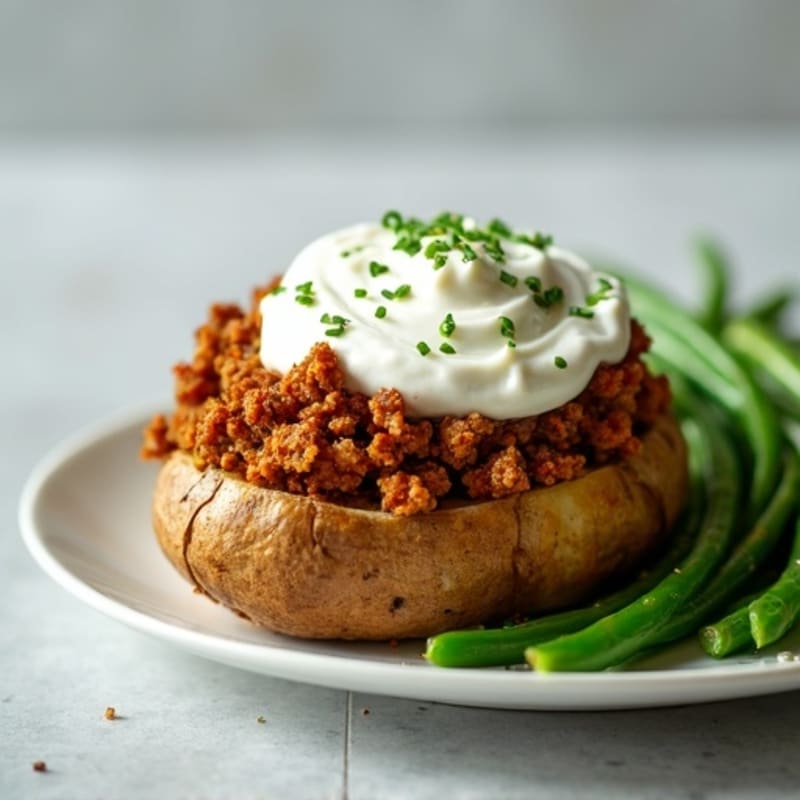 Crispy Baked Potato with Lean Ground Turkey, Steamed Green Beans, and ...