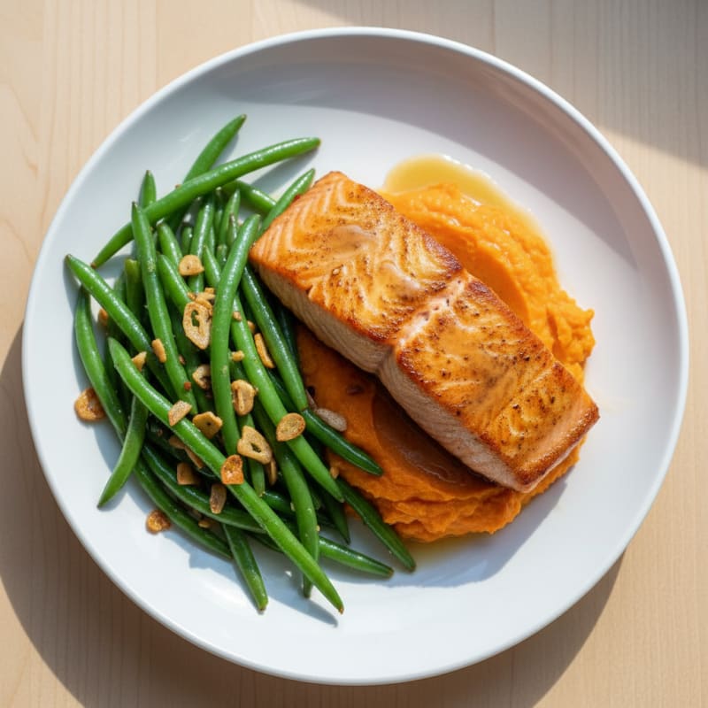 Seared Salmon with Garlic Green Beans and Sweet Potato Mash