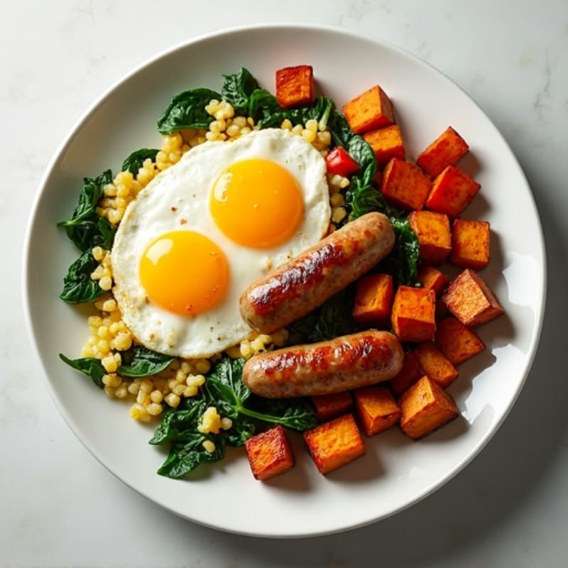 Egg White and Turkey Sausage Scramble with Spinach and Roasted Sweet Potato