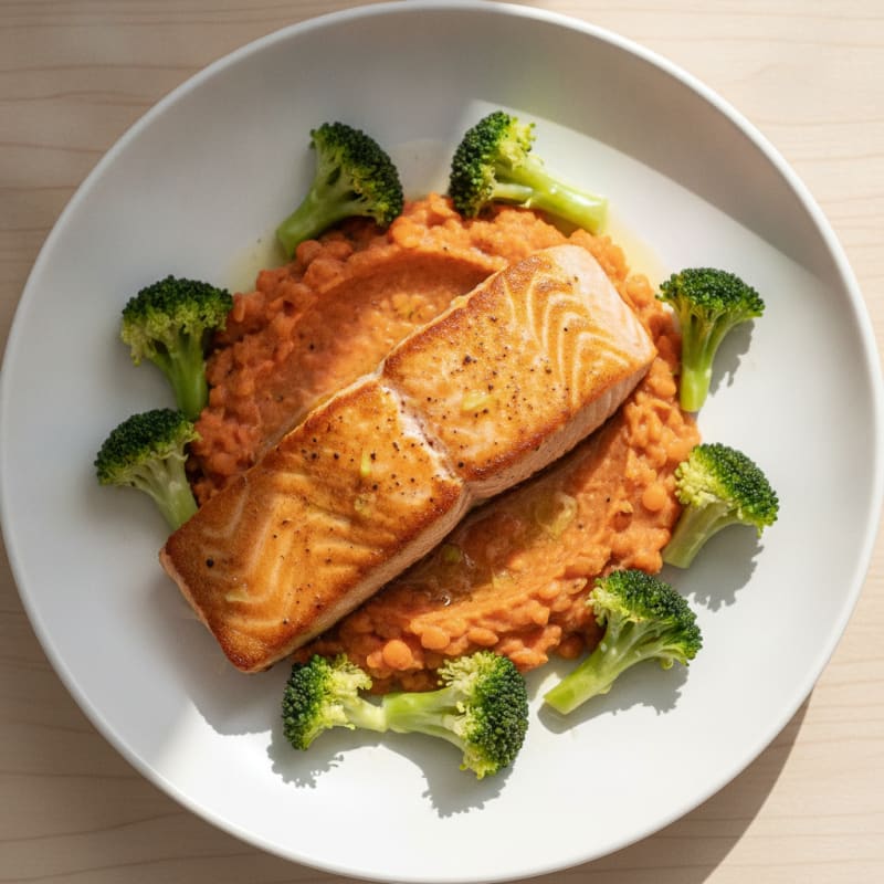 Seared Salmon with Steamed Broccoli and Lentil Mash