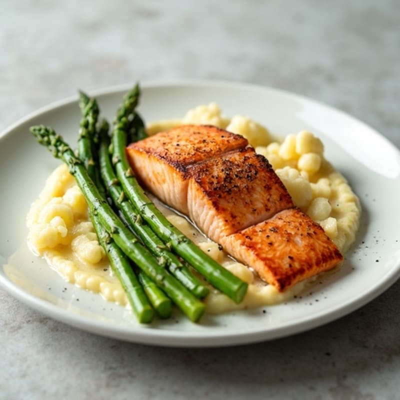 Seared Salmon Fillet with Steamed Asparagus and Cauliflower Mash