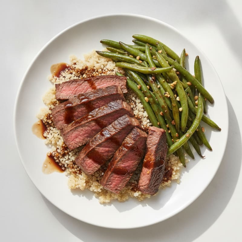 Seared Beef Strips with Garlic Green Beans and Quinoa