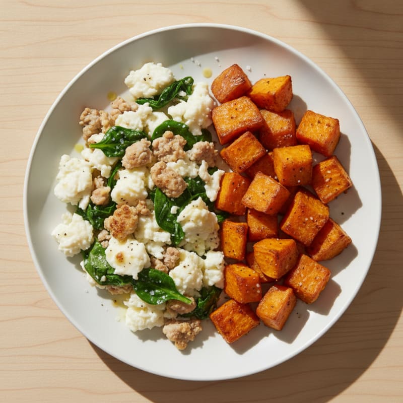 Egg White and Turkey Spinach Scramble with Roasted Sweet Potato