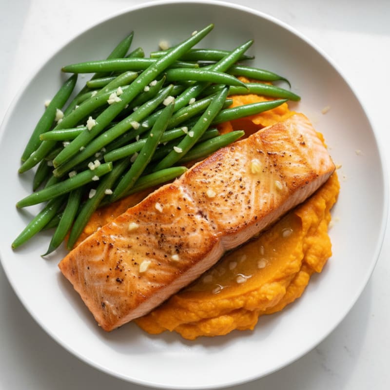 Seared Salmon with Garlic Green Beans and Sweet Potato Mash
