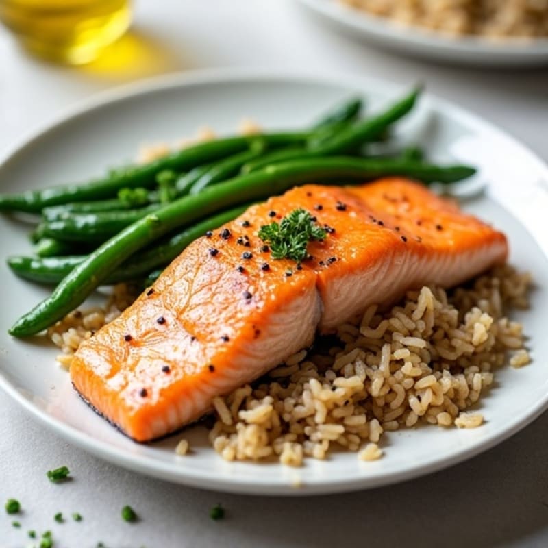 Seared Salmon with Garlic Green Beans and Brown Rice