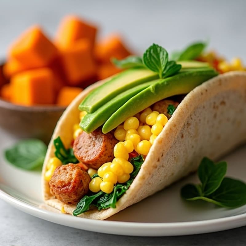 Egg White Scramble with Turkey Sausage and Sautéed Spinach Taco