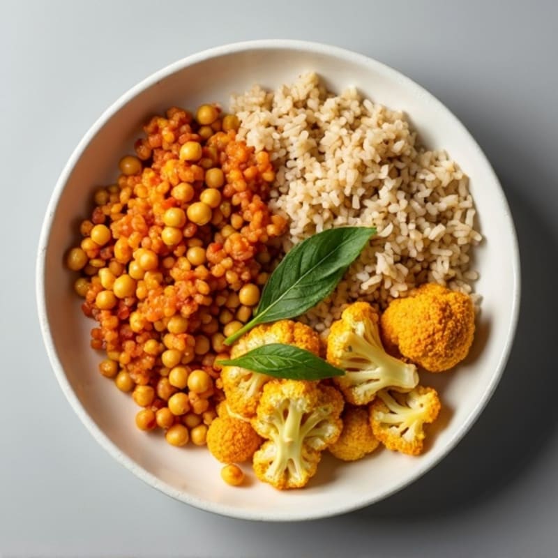 Creamy Coconut-Curry Lentils with Roasted Cauliflower and Brown Rice