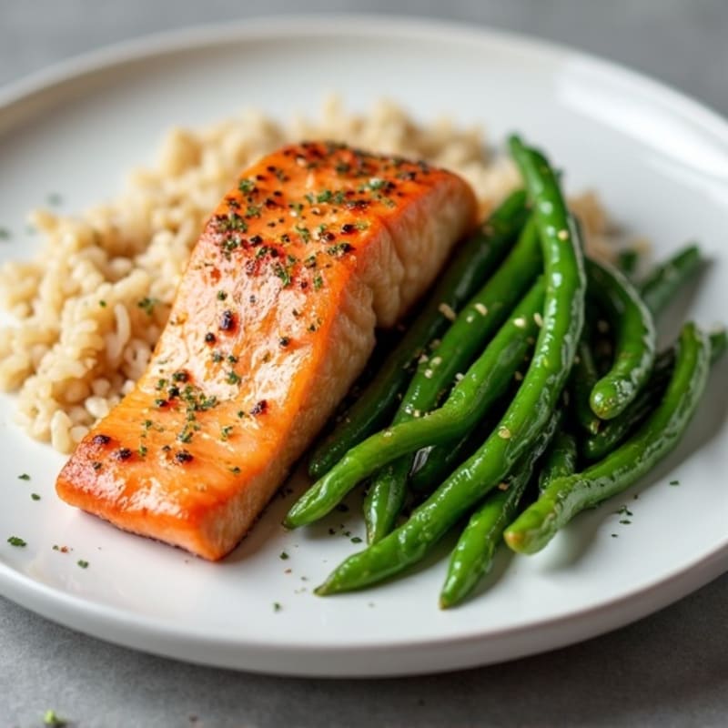 Seared Salmon with Garlic Green Beans and Brown Rice