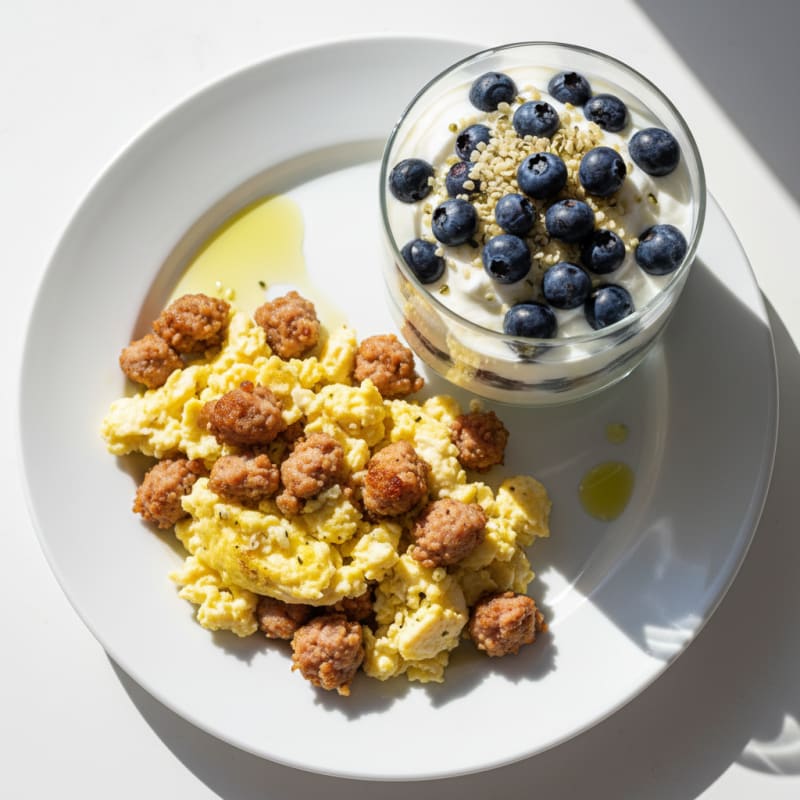 Scrambled Egg Whites with Turkey Sausage and Greek Yogurt Parfait