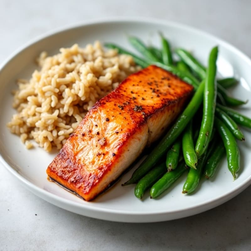 Seared Salmon with Steamed Green Beans and Brown Rice