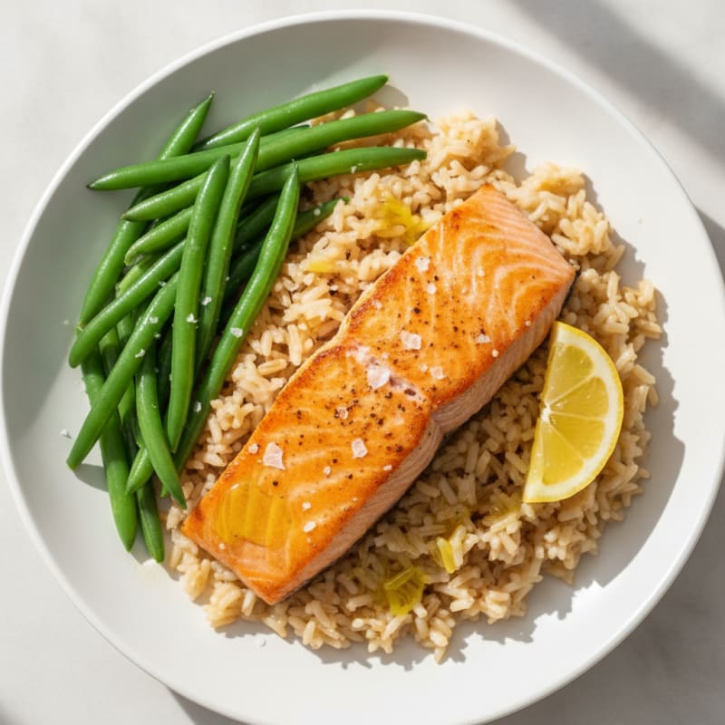 Seared Salmon with Steamed Green Beans and Brown Rice