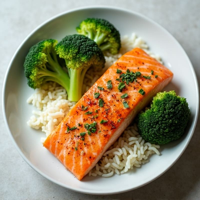 Ginger-Garlic Salmon with Steamed Broccoli and Rice