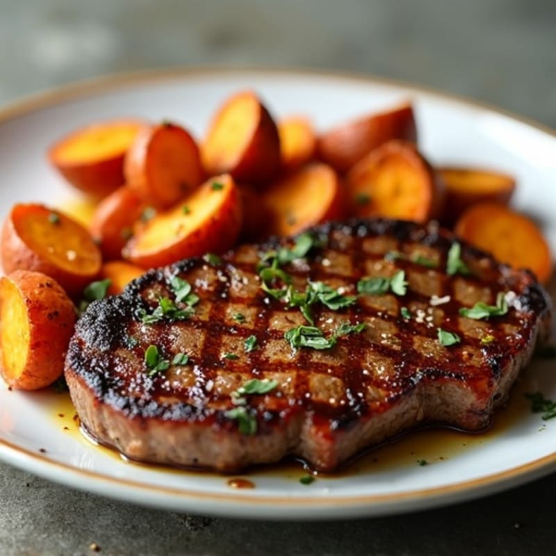 Garlic Herb Pan-Seared Steak with Crispy Roasted Sweet Potatoes