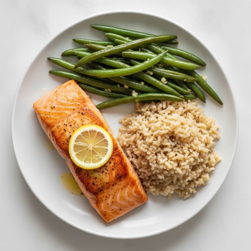 Seared Salmon with Garlic Green Beans and Brown Rice