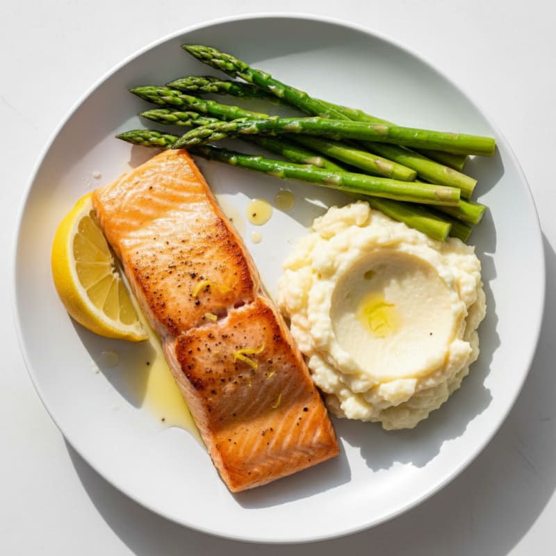 Seared Salmon Fillet with Steamed Asparagus and Cauliflower Mash
