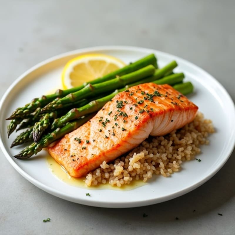 Seared Salmon Fillet with Steamed Asparagus and Brown Rice