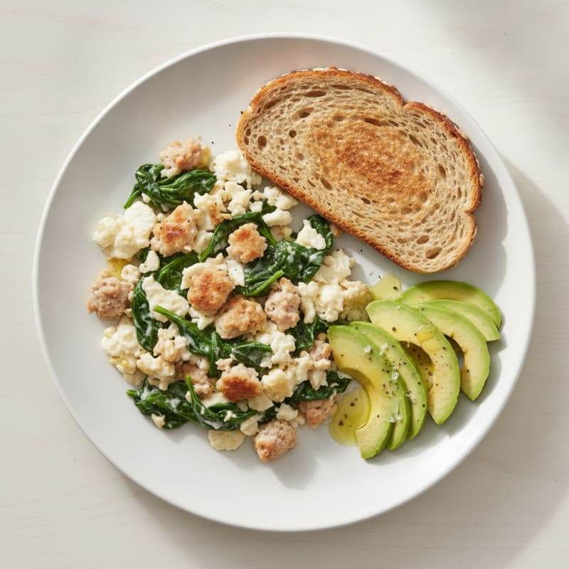 Egg White and Turkey Sausage Scramble with Sautéed Spinach