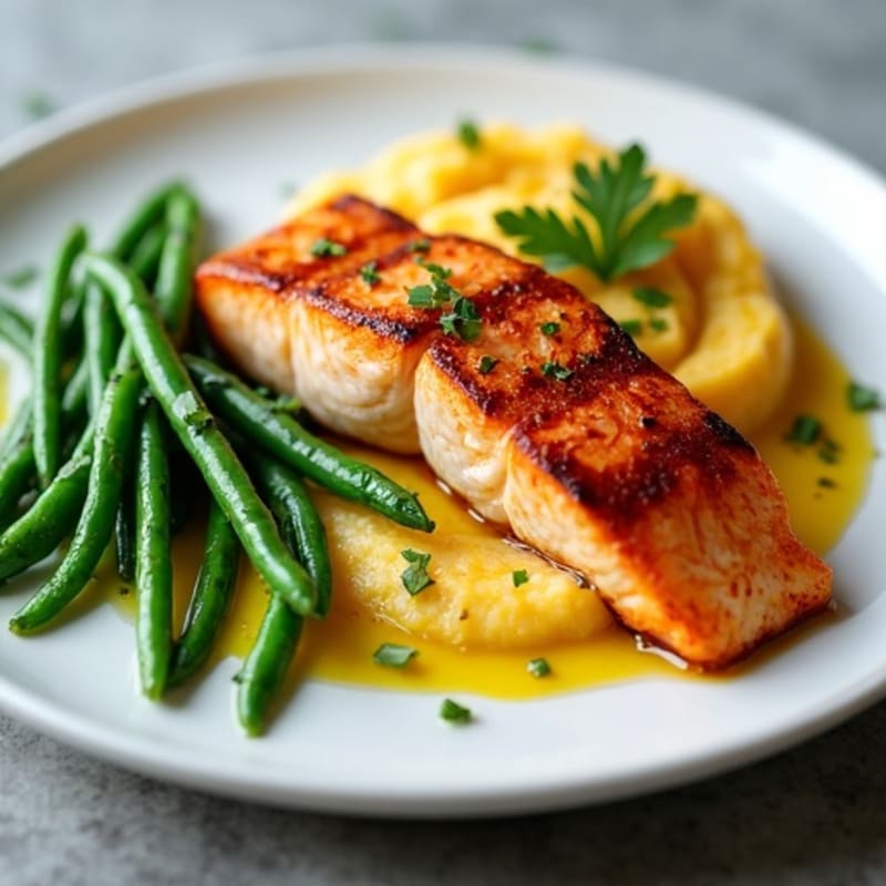 Seared Salmon with Steamed Green Beans and Mashed Sweet Potato